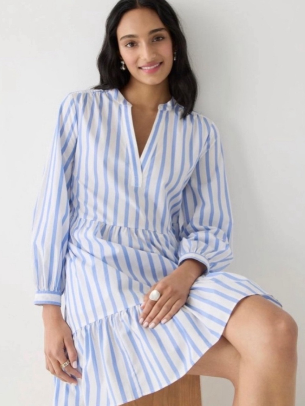J. Crew Tiered Cotton Popover Poplin Striped Mini Dress Blue White Size Medium - Picture 1 of 6